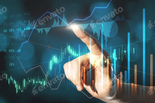 Preview: Businessman Hand Pointing At Creative Glowing Forex Graph On Blurry Bokeh Background. Market