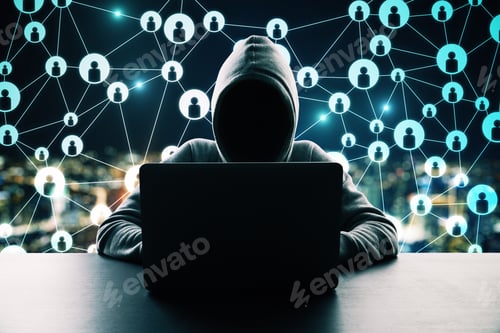 Preview: Hacker At White Desktop Using Laptop With Creative Social Network Interface On Blurry Background