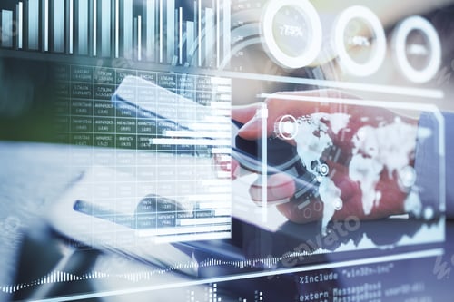 Preview: Holo Trading Charts, Hands Holding Mobile Phone In The Background, Business Concept, Double Exposure