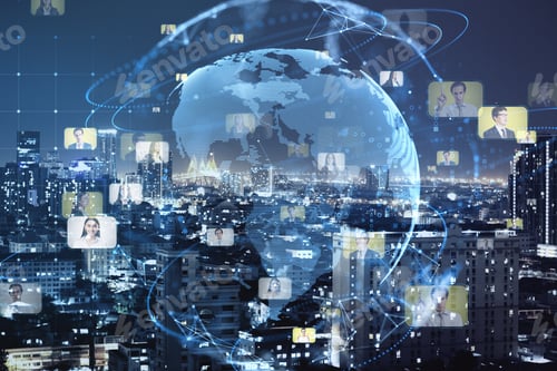 Preview: Creative Glowing Blue Globe Hologram With Faces On Blurry Night City Background. Hire, Alumni