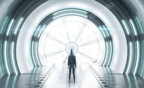 Preview: Hacker Standing In White Futuristic Tunnel Interior With Neon Lamps. Future And Design Concept