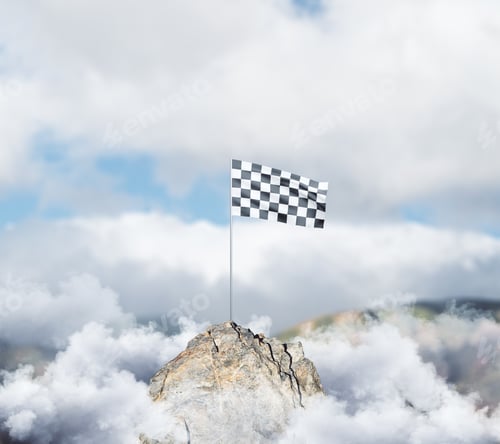 Preview: Checkered Flag On Mountain Top. Cloudy Sky Background. Victory Concept