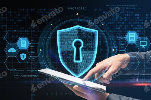 Preview: Close Up Of Businessman Hand Pointing At Tablet With Abstract Glowing Keyhole Shield Interface On