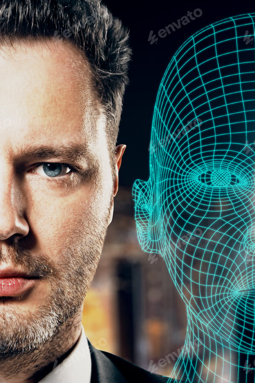 Preview: Handsome Young Businessman Face With Abstract Glowing Head Outline Interface On Dark Background. Ai