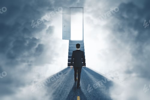 Preview: Back View Of Businessman Walking Towards Open Door And Stairs In Smoky Room. Success, Way