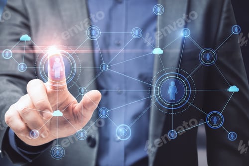 Preview: Businessman Hand Using Creative Glowing Business Interface On Blurry Background. Human Resources