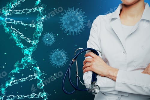Preview: Close Up Of Female Doctor Hands With Glowing Helix Dna Hologram And Futuristic Hud On Blurry