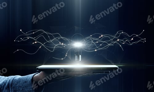 Preview: Hand Holding Tablet With Creative Glowing Lamp On Dark Background. Idea And Innovation Concept