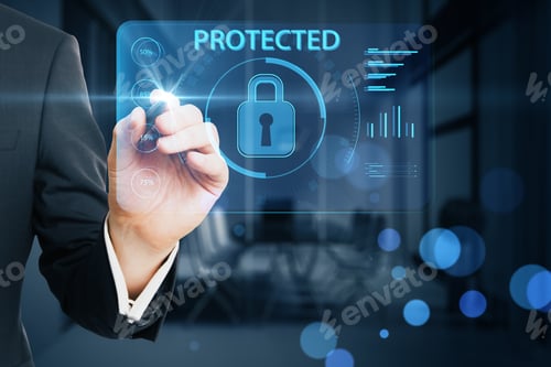 Preview: Close Up Of Man Hand Pointing At Creative Protected Digital Padlock On Blurry Bokeh Office Interior
