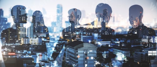 Preview: Businesspeople On Abstract City Background With Sunlight. Teamwork And Networking Concept. Double