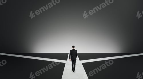 Preview: Back View Of Businessman Choosing Path On Grey Background. Different Direction And Choice Concept