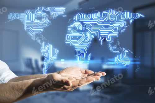 Preview: Big Data Concept With Opened Man Hands At Office Background And Digital Glowing Microchip World Map