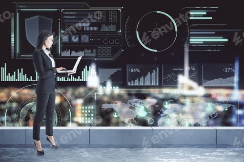 Preview: Attractive Young European Businesswoman Using Laptop On Rooftop With Digital Business Interface And