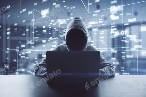Preview: Big Data Personal Information Safety Technology Concept With Noface Hacker Working With Laptop At