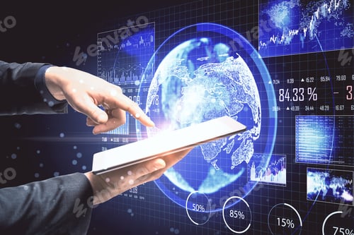 Preview: Hand Holding Tablet With Abstract Global Network Interface. Business And Technology Concept