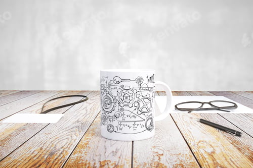 Preview: Cup With Scheme Print, Glasses, Badge And Pen On Wooden Table