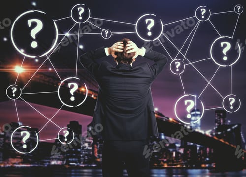 Preview: Back View Of Stressed Businessperson On City Background With Connected Question Marks. Confusion