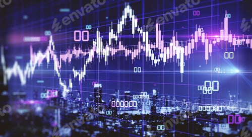 Preview: Creative Glowing Blurry Forex Chart With Candlestick On Blurry Night City Background. Trade And