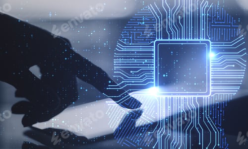 Preview: Hand Using Tablet Computer With Creative Glowing Digital Chip Interface. Safety And Protection