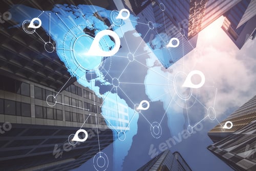 Preview: Travel And Global Connection Concept. Abstract Digital Map With Location Pins On City Background