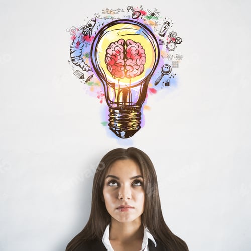 Preview: Idea And Brainstorming Concept With Businesswoman And Handwritten Sketch Of Light Bulb With Human