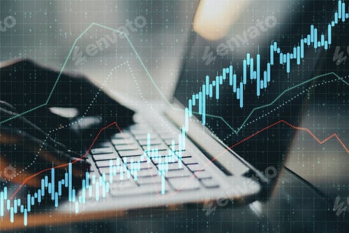 Preview: Close Up And Side View Of Hand Using Of Laptop On Desktop With Reflections And Abstract Forex Chart
