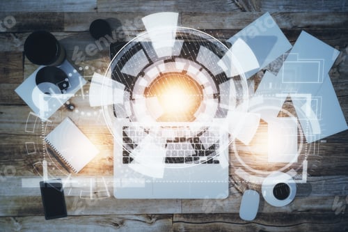 Preview: Top View Of Wooden Office Desktop With Laptop, Coffee Cup, Supplies, Other Items And Abstract