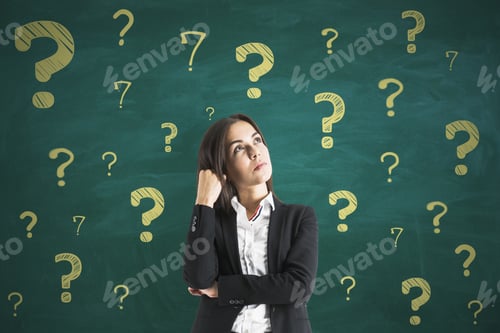 Preview: Portrait Of Attractive Thoughtful Young European Female On Chalkboard Wall Background With Question