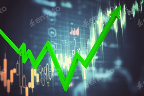 Preview: Digital Virtual Screen With Business Charts And Green Arrow. Business Trading Concept. Mock Up. 3D