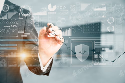 Preview: Businessman Drawing Abstract Business Chart Hologram On Blurry Office Interior Background. Finance
