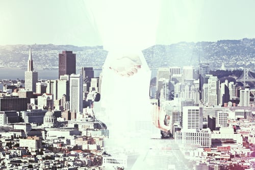 Preview: Side View And Close Up Of Handshake On Creative City Background. Team Work Concept. Double Exposure