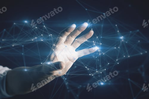 Preview: Close Up Of Businessman Hand Holding Abstract Polygonal Mesh On Dark Blue Background. Innovation