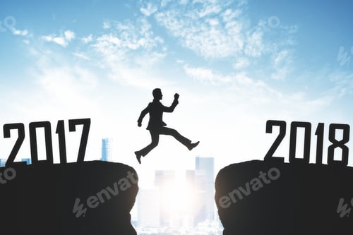 Preview: Man Jumping From 2017 To 2018 On Sky Background. New Year Anticipation Concept