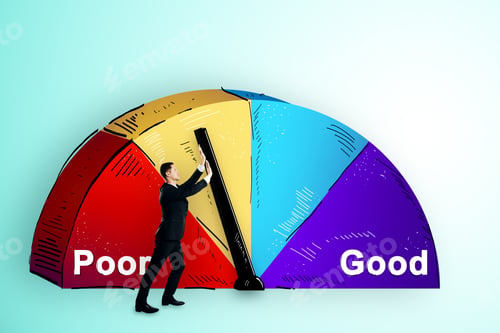 Preview: Businessman With Abstract Poor And Good Pie Chart On Subtle Background. Growth And Success Concept