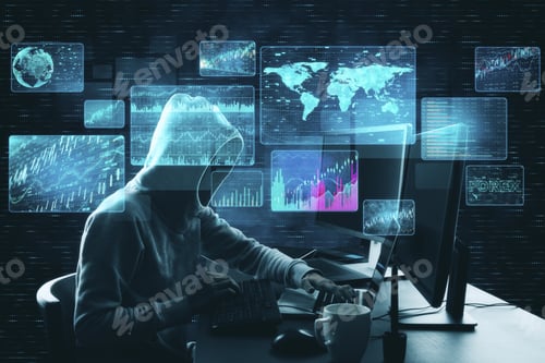 Preview: Hacker At Desktop Using Laptop With Digital Business Interface. Hacking And Innovation Concept