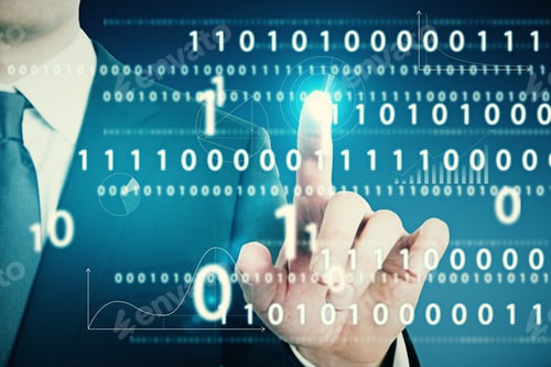 Preview: Close Up Of Businessman Hand Pointing At Abstract Glowing Interface With Binary Code And Business