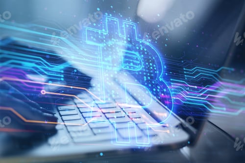 Preview: Close Up Of Hands Using Laptop Keyboard With Creative Blue Bitcoin Hologram On Blurry Office