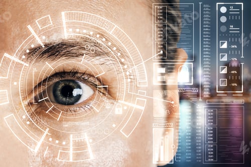 Preview: Biometrics And Scanning Concept With Grey Eye Man And Cyberspace Screen With Digital Data At Blurry