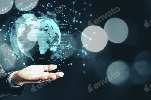 Preview: Businessman Hand Holding Glowing Globe Interface On Creative Bokeh Background. Global Futuristic