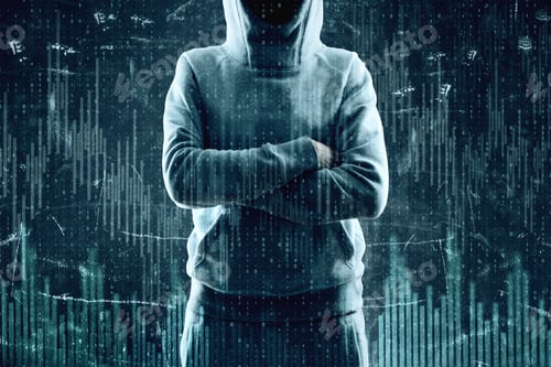 Preview: Hacker With Folded Amrs Standing On Abstract Binary Code Background. Hacking And Forex Concept
