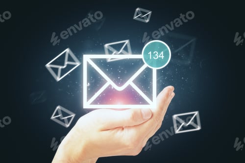 Preview: Hand Holding Glowing Digital Business Email Interface On Dark Background. Newsletter And App