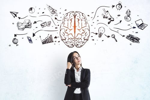 Preview: Left And Right Human Brain Concept With Businesswoman On Light Wall Background With Painted Sketch