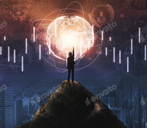 Preview: Back View Of Young Businessman On Mountain Top Pointing At Digital Business Hologram On City