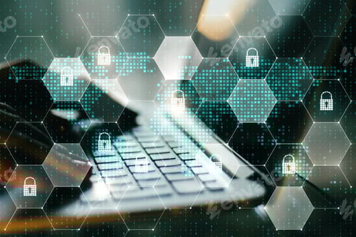 Preview: Web Security Concept With Digital Lock Icons In Cells And Pixel World Map At Blurry Laptop