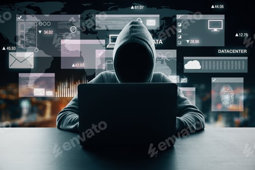 Preview: Hacker At Dark Desktop Using Laptop With Digital Business Interface Hologram On Blurry Night City