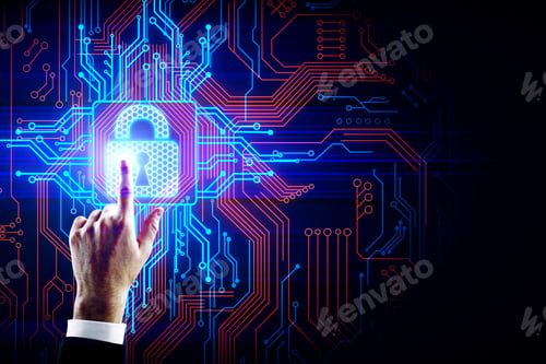 Preview: Hand Pointing At Creative Glowing Colorful Circuit Padlock Background. Safety And Web Concept.