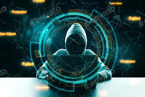 Preview: Hacker At Desktop Using Laptop With Digital Business Interface On Blurry Dark Background. Hacking
