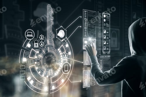 Preview: Hacker Using Creative Digital Key Interface On Blurry Night City Background With Icons. Access