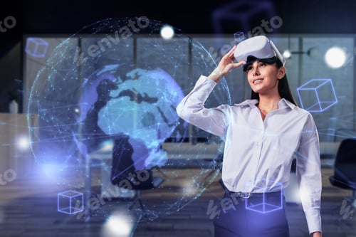 Preview: Attractive Happy Young European Businesswoman Using Vr Glasses With Creative Glowing Polygonal Blue