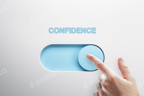 Preview: Close Up Of Male Finger Turning On Slider Button On White Background. Confidence And Success Concept